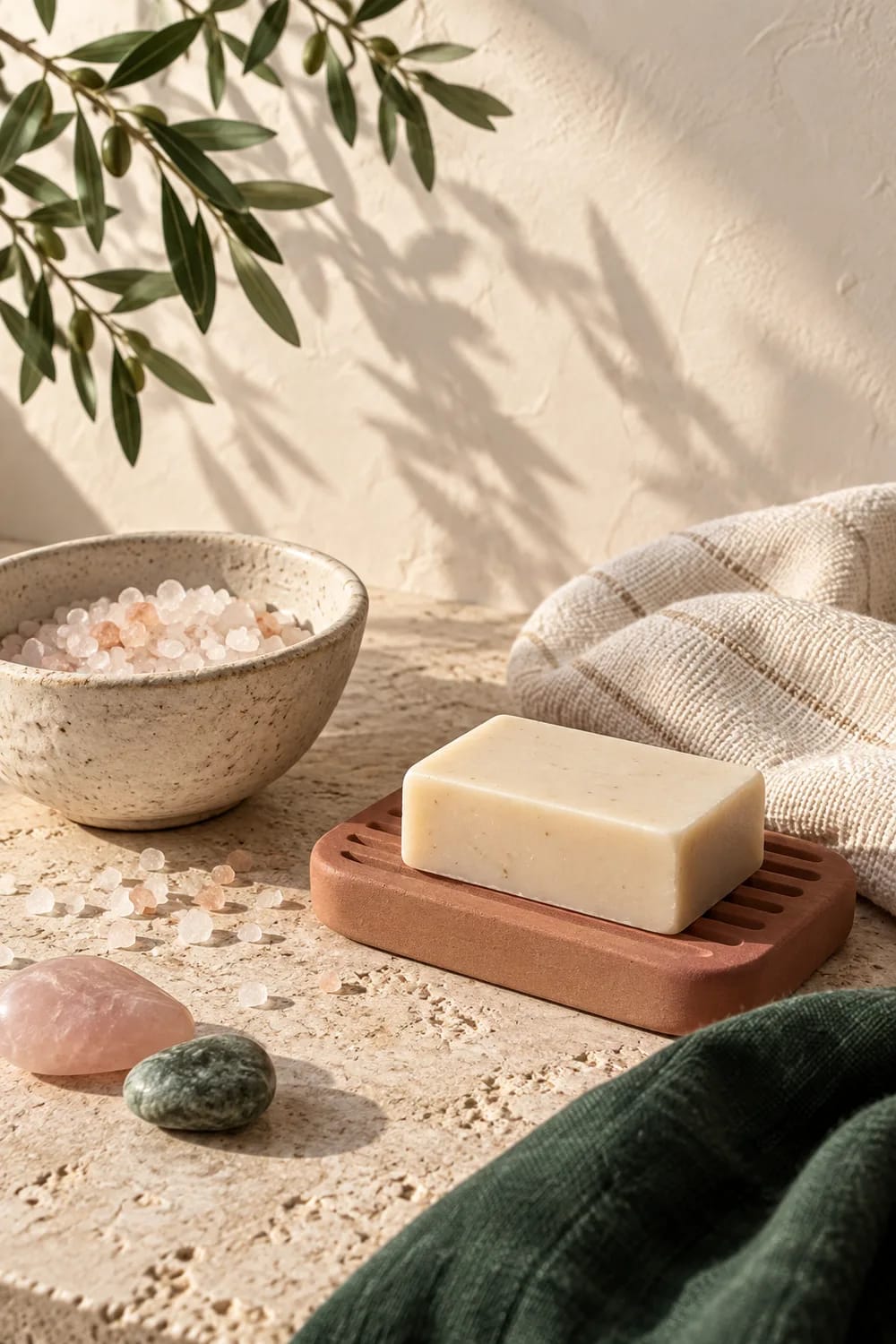 Composition d’ambiance : savon, sels de bain et lin sur une pierre claire.