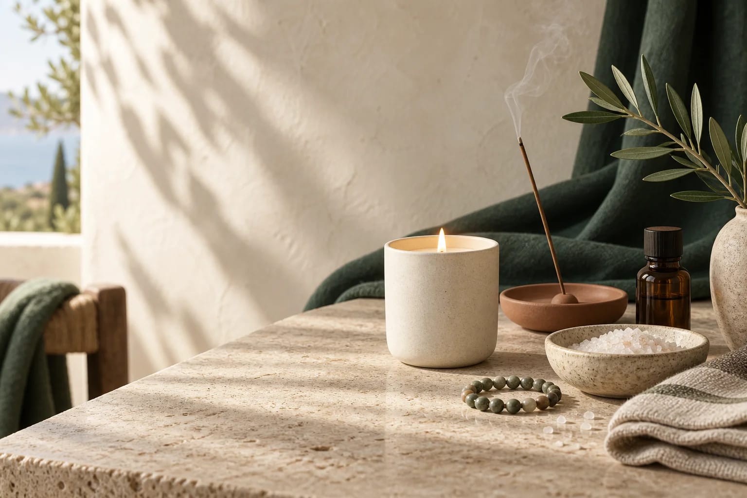 Ambiance Nalorys : bougie allumée, encens, céramique, sels de bain et bracelet en pierres sur une table claire.
